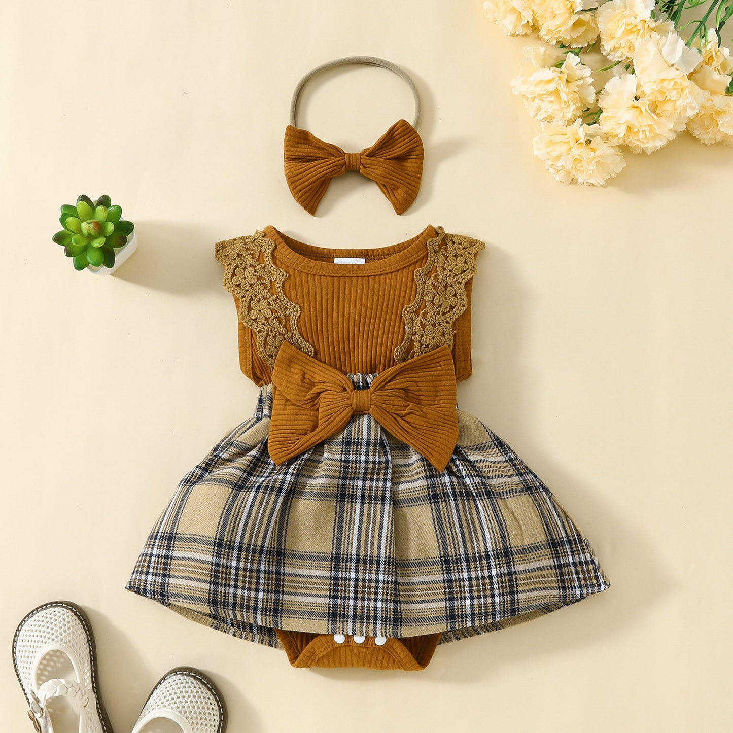 Summer baby girl sleeveless triangle romper dress baby lace big butterfly plaid vest jumpsuit dress