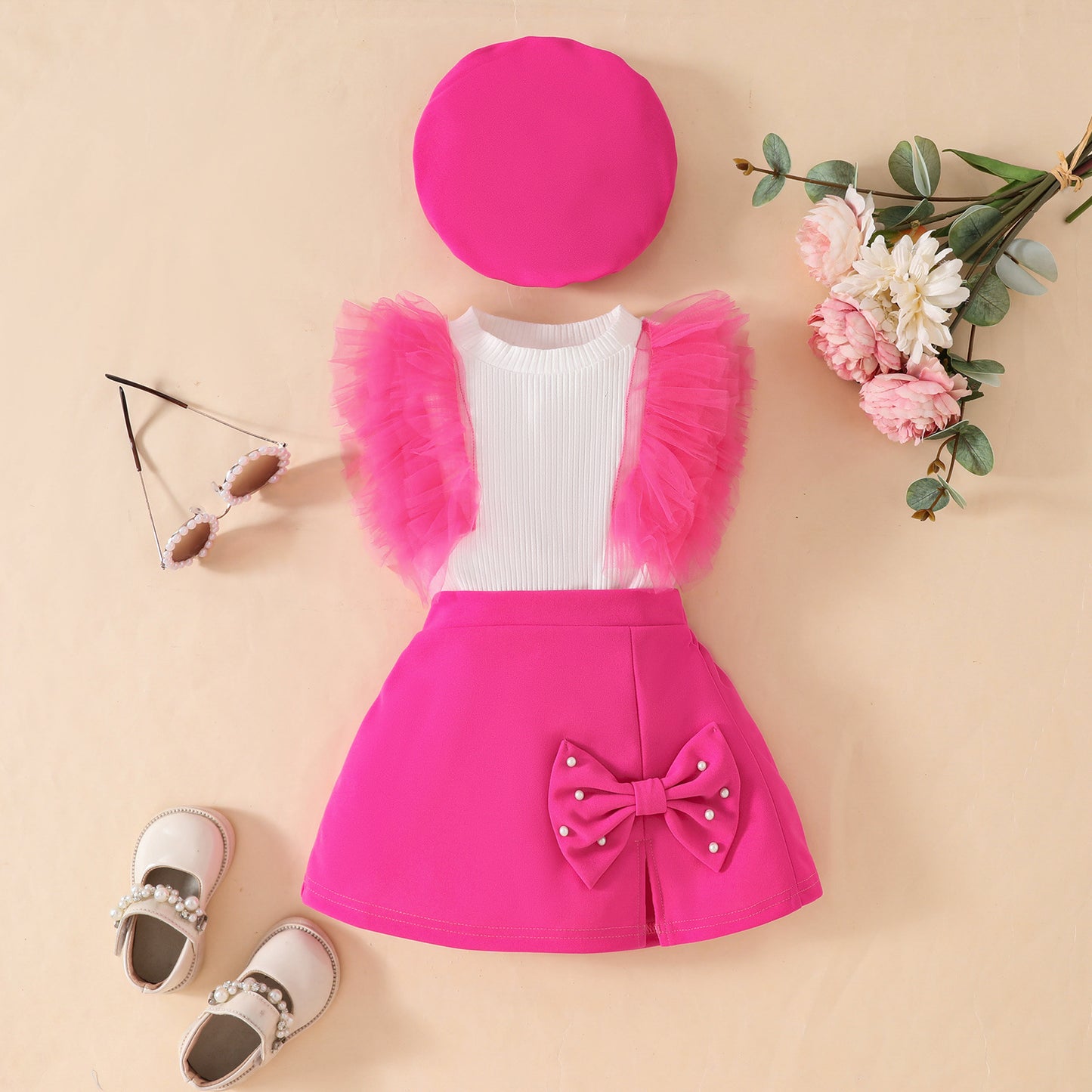 Summer toddler girl sleeveless mesh striped top + bow skirt + beret three-piece set