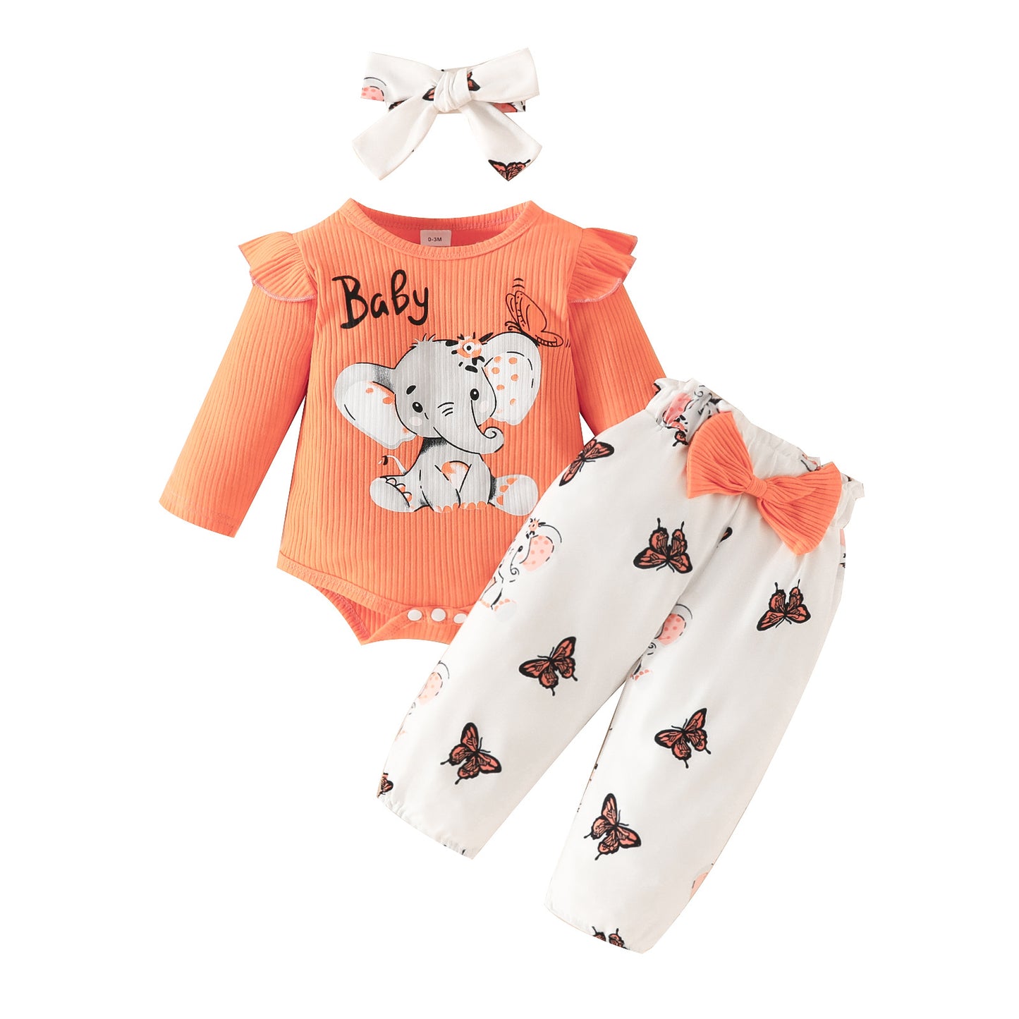 Infant elephant letter long-sleeved triangle romper with bowknot trousers spring and autumn top butterfly elephant trousers