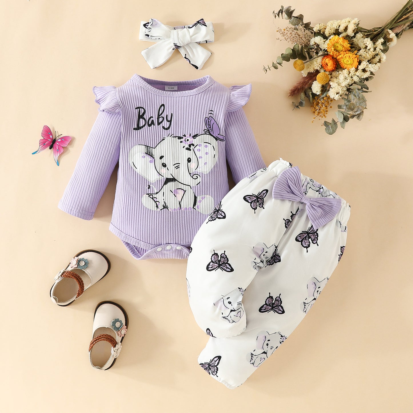 Infant elephant letter long-sleeved triangle romper with bowknot trousers spring and autumn top butterfly elephant trousers