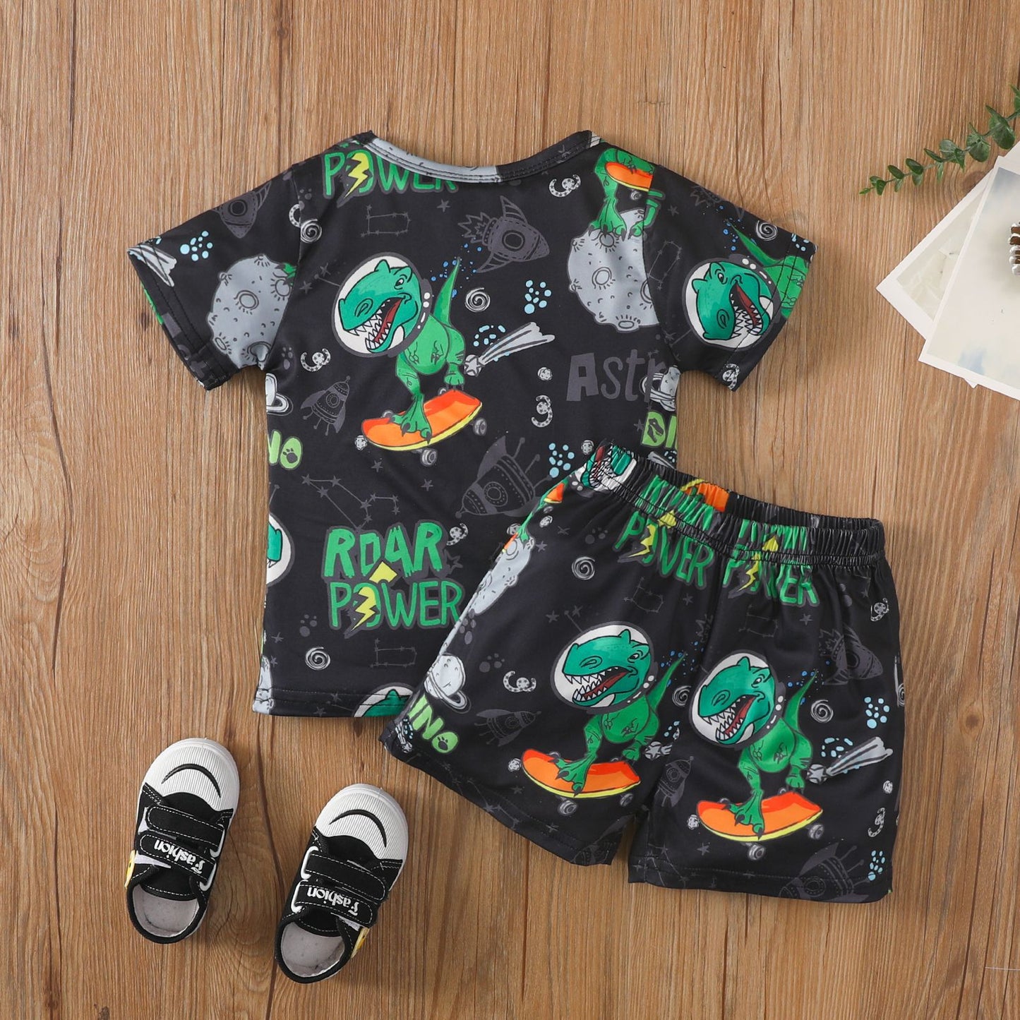 Toddler boy's dinosaur cartoon print letter short-sleeved pullover shorts suit