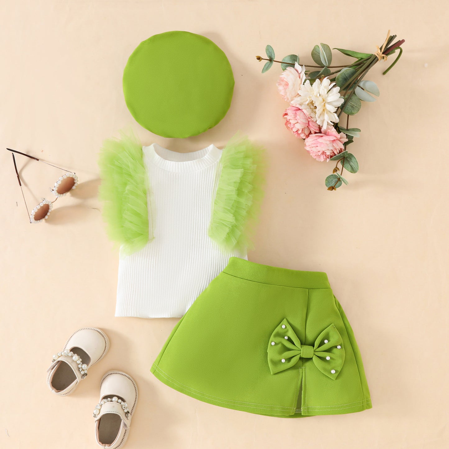 Summer toddler girl sleeveless mesh striped top + bow skirt + beret three-piece set