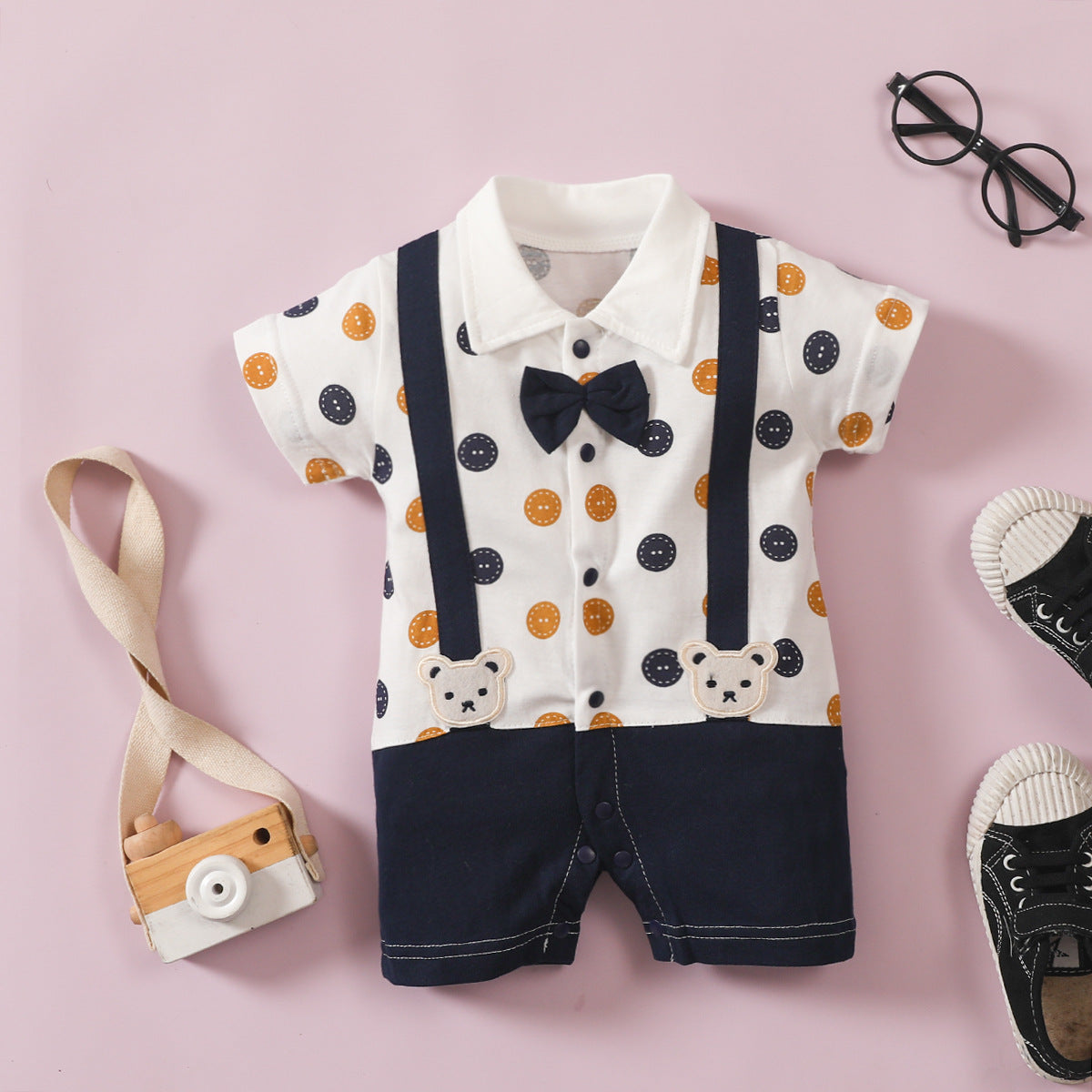 Infant and Toddler Gentleman Bow Tie Boy Bow Tie Lapel Splicing Romper Short Sleeve One-Piece Suit