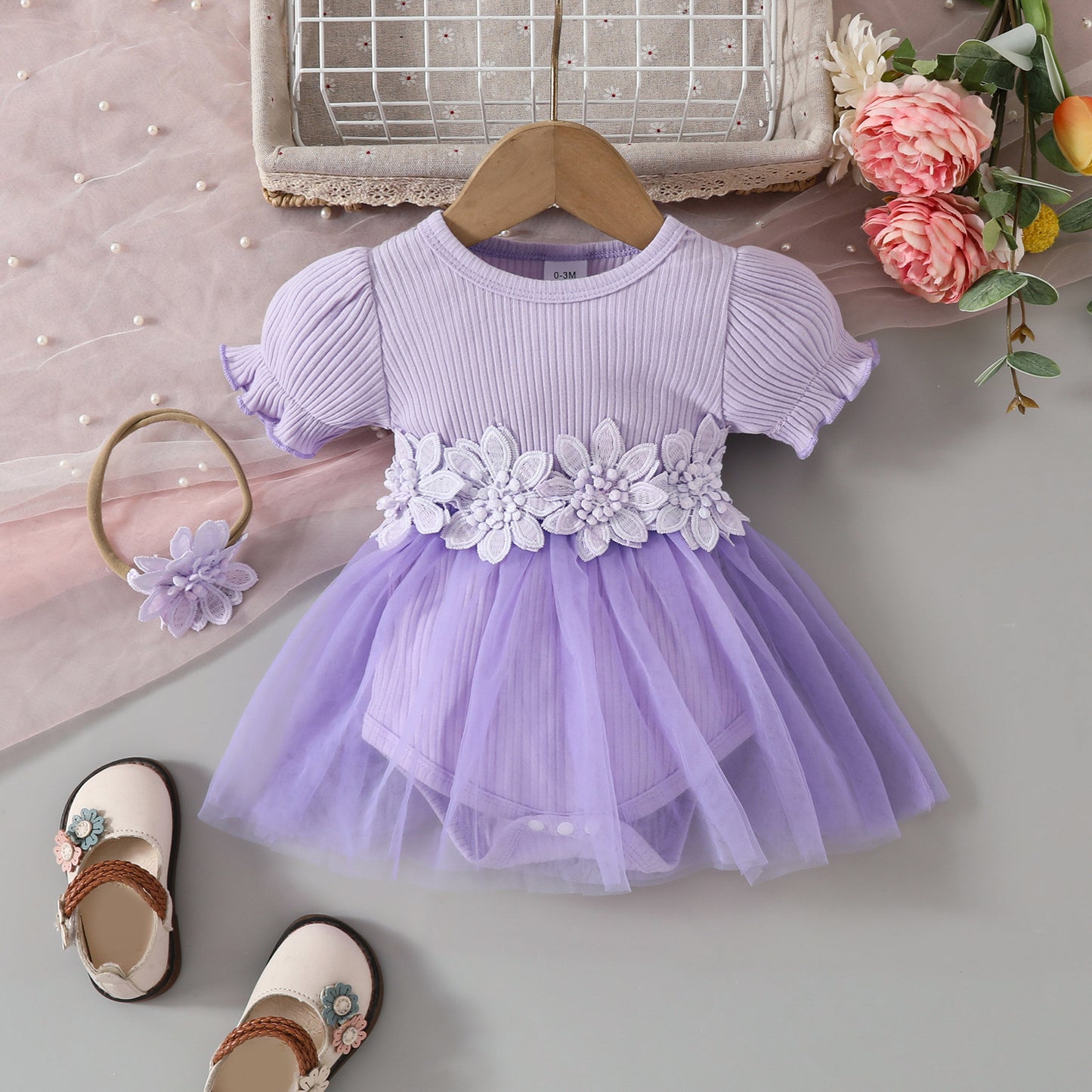 Sweet baby girl lantern short-sleeved ribbed triangle romper mesh skirt candy color girl flower dress