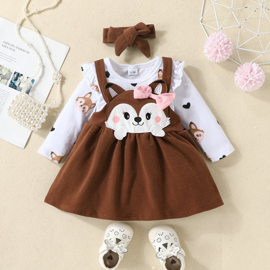 Autumn and winter infant and toddler cartoon fox heart print long-sleeved romper bow tie suspender dress set