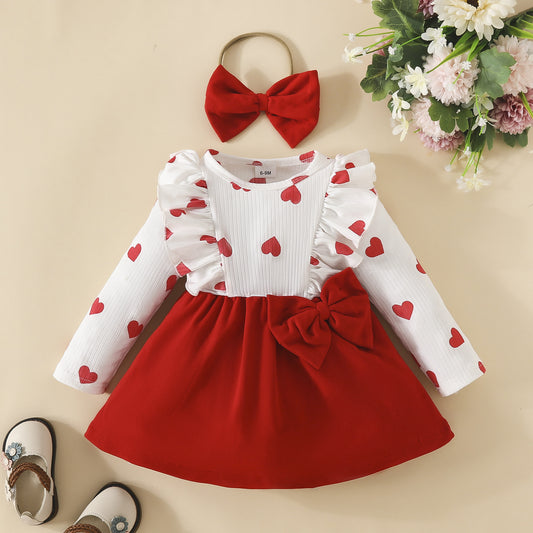 Baby long-sleeved dress for toddler girl long-sleeved heart bow skirt spring and autumn sweet skirt