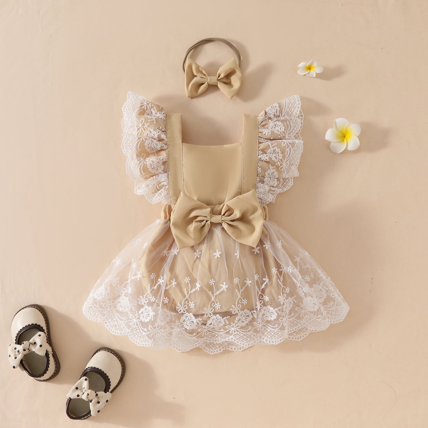 Children's clothing summer sweet girl baby casual jumpsuit baby big bow lace romper skirt