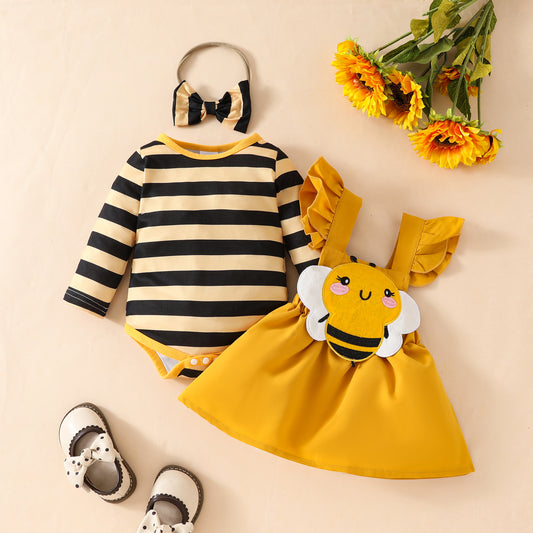 Baby cute little bee striped long-sleeved triangle romper with embroidered chapter suspender skirt autumn and winter skirt suit