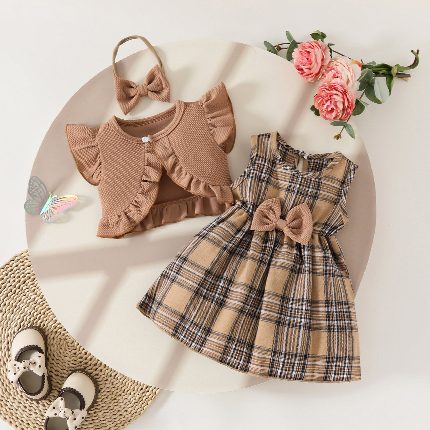 Summer baby dress suit sleeveless ruffled short coat top plaid bow dress