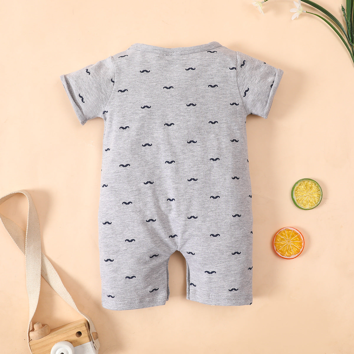 Summer baby bow tie short-sleeved romper original round neck cotton beard print short romper