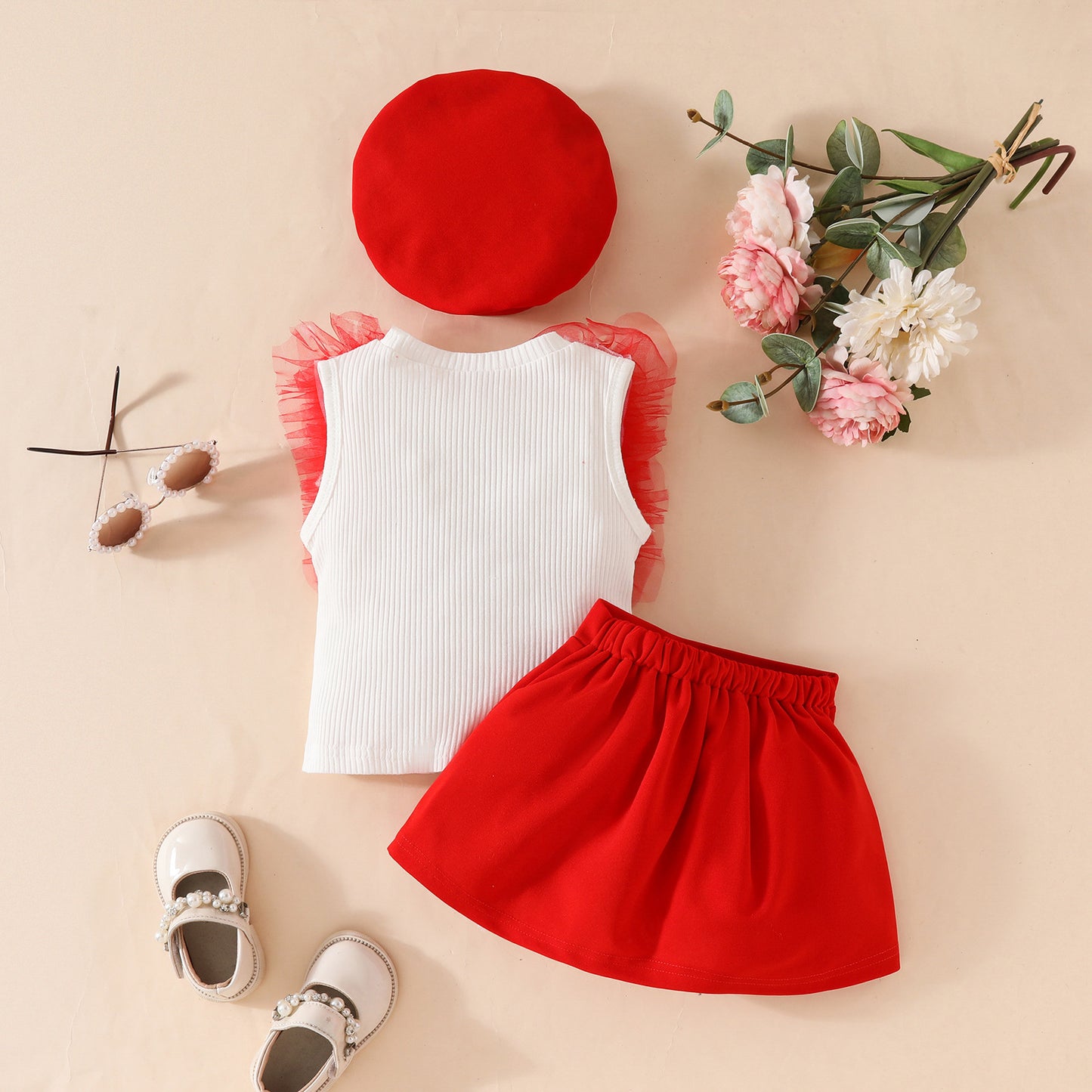 Summer toddler girl sleeveless mesh striped top + bow skirt + beret three-piece set