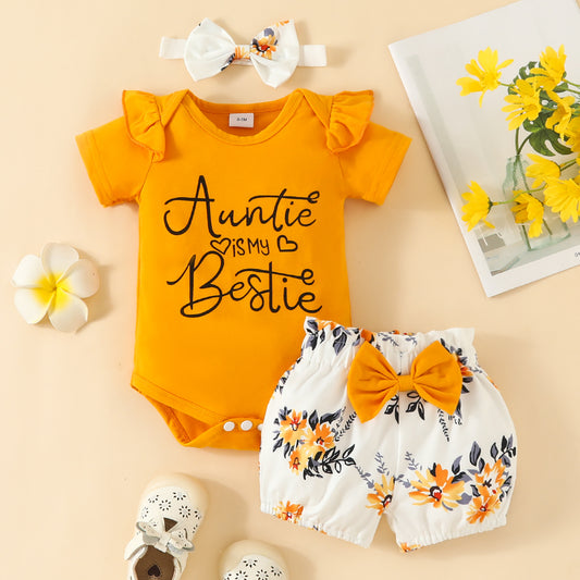 Baby Girl Letter Summer Top Belt Flower Cute Pants Baby Short Sleeve Triangle Romper Shorts Set