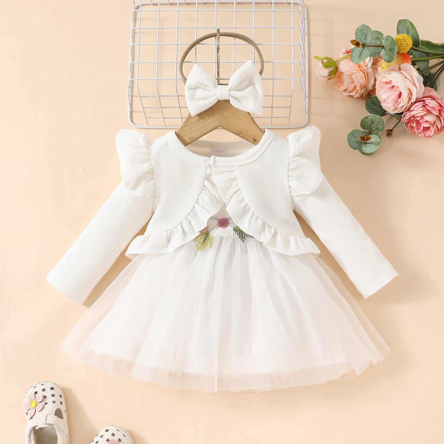 Sleeveless Ruffle Short Jacket + Long Sleeve Mesh Applique Dress Toddler Girls Dress Set