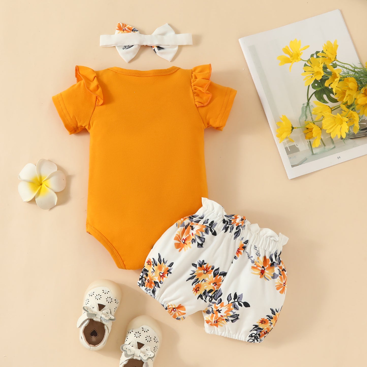 Baby Girl Letter Summer Top Belt Flower Cute Pants Baby Short Sleeve Triangle Romper Shorts Set