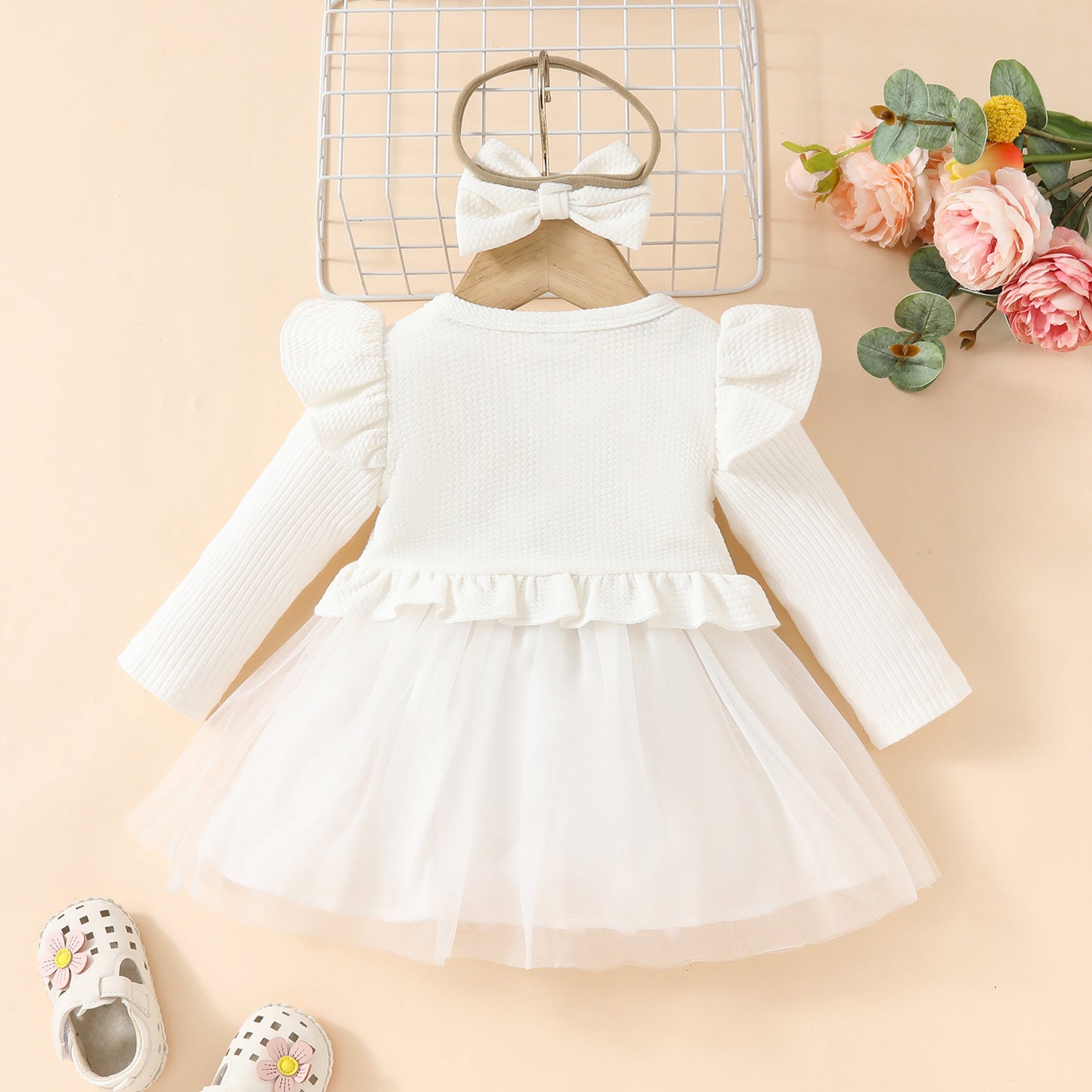 Sleeveless Ruffle Short Jacket + Long Sleeve Mesh Applique Dress Toddler Girls Dress Set