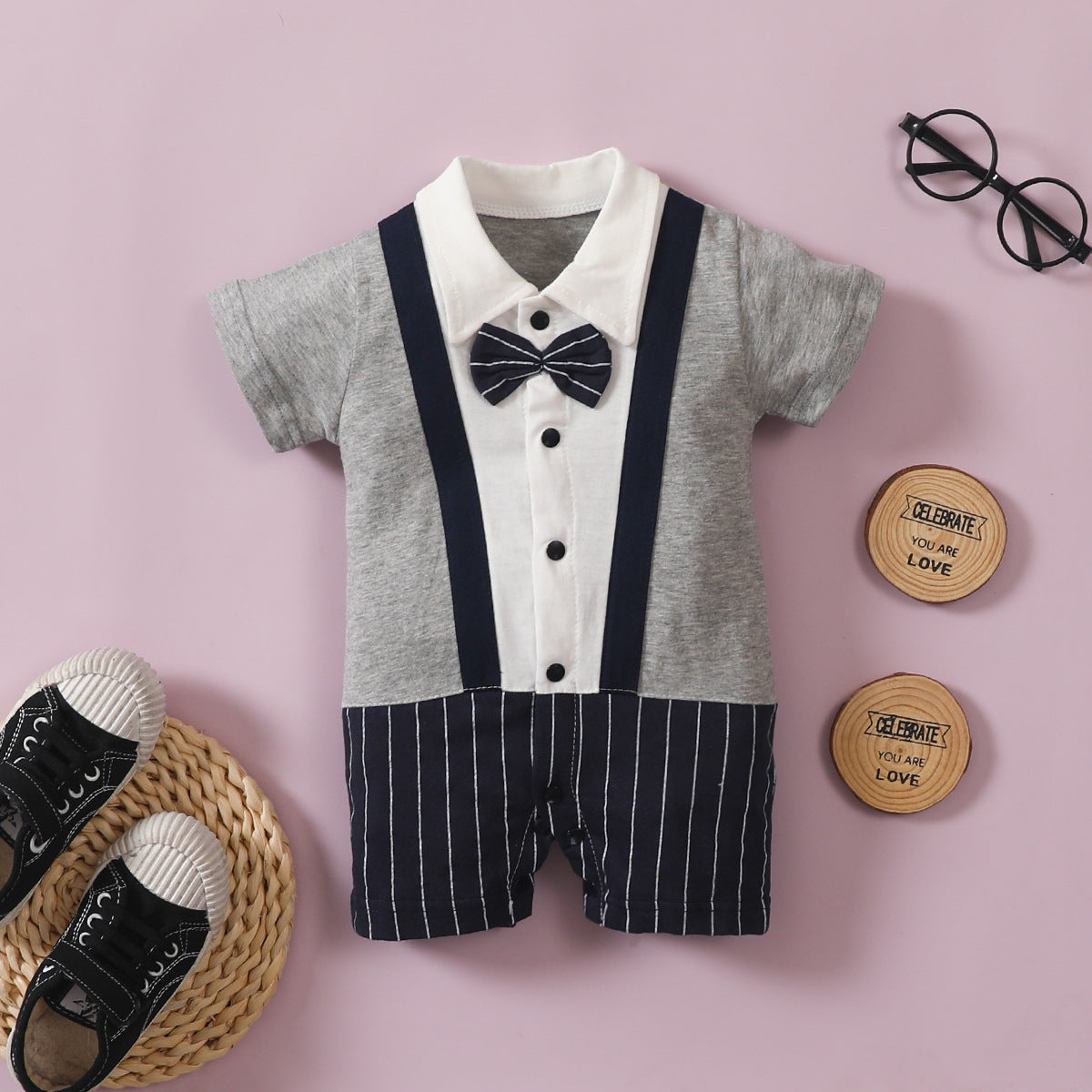 Infant and Toddler Gentleman Bow Tie Boy Bow Tie Lapel Splicing Romper Short Sleeve One-Piece Suit