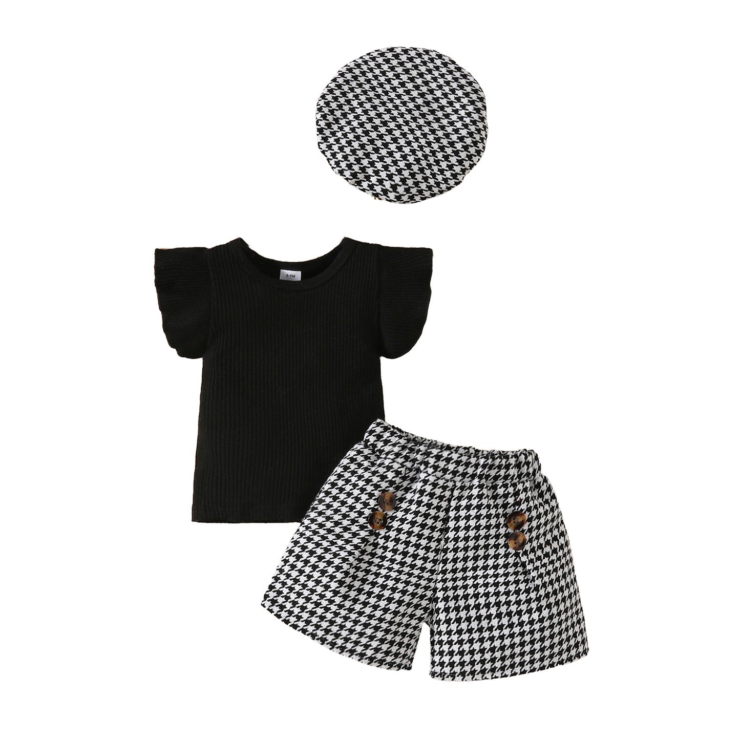 Toddler girl fashion flying sleeve solid color top + plaid shorts + beret set small Chanel style summer three-piece set