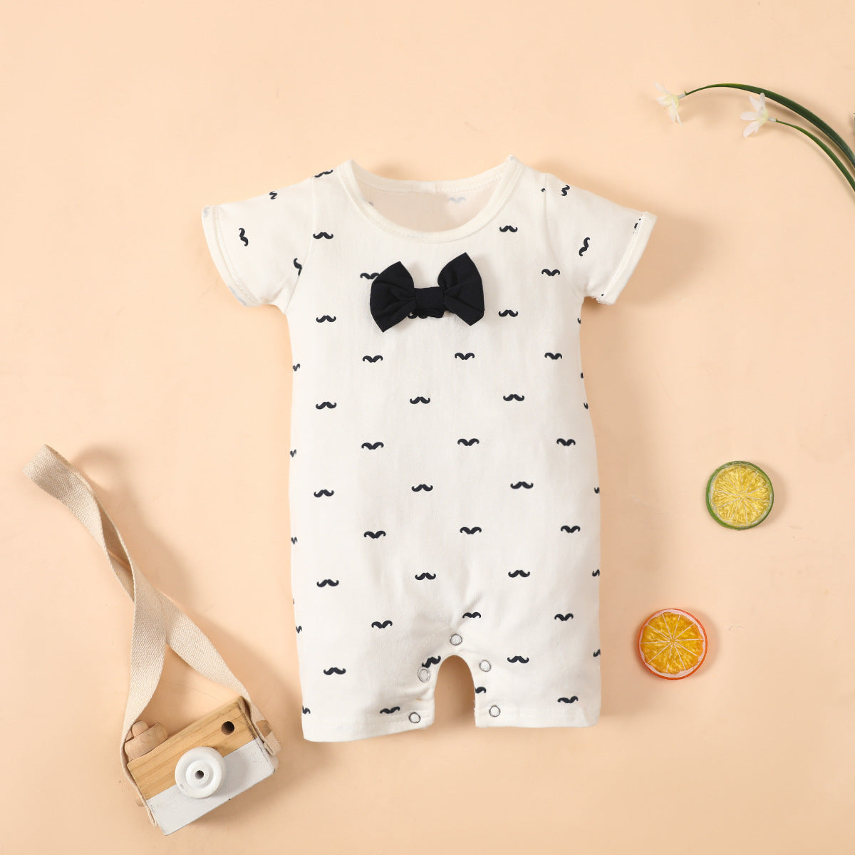 Summer baby bow tie short-sleeved romper original round neck cotton beard print short romper