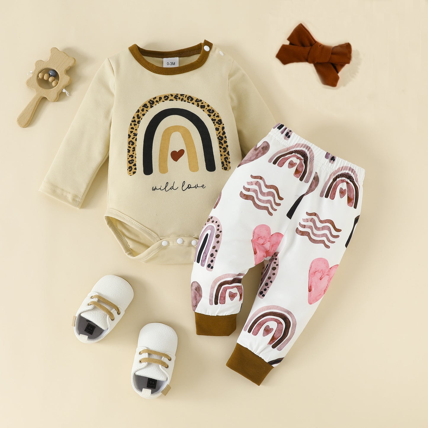 Infant Spring and Autumn Long Sleeve Romper Trousers Headband Set Baby Rainbow Leopard Print