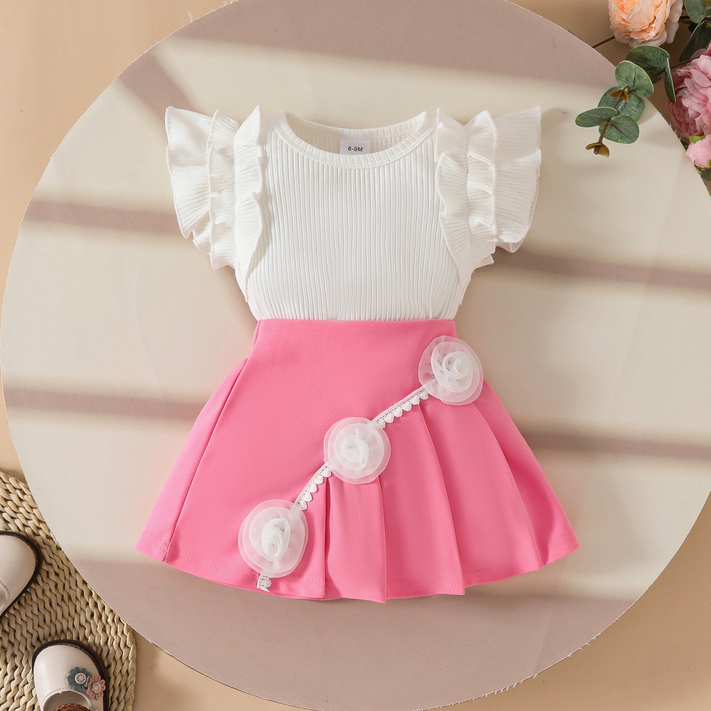 Girls Sweetheart Lace Flower Sweet Sleeveless Ribbed Top Simple A-Line Pleated Skirt Set