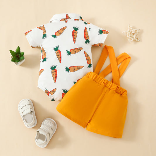 Baby Boy Fashion Short Sleeve Triangle Romper + Bib Shorts Set 0-1 Years Old Cartoon Animal Top Pants