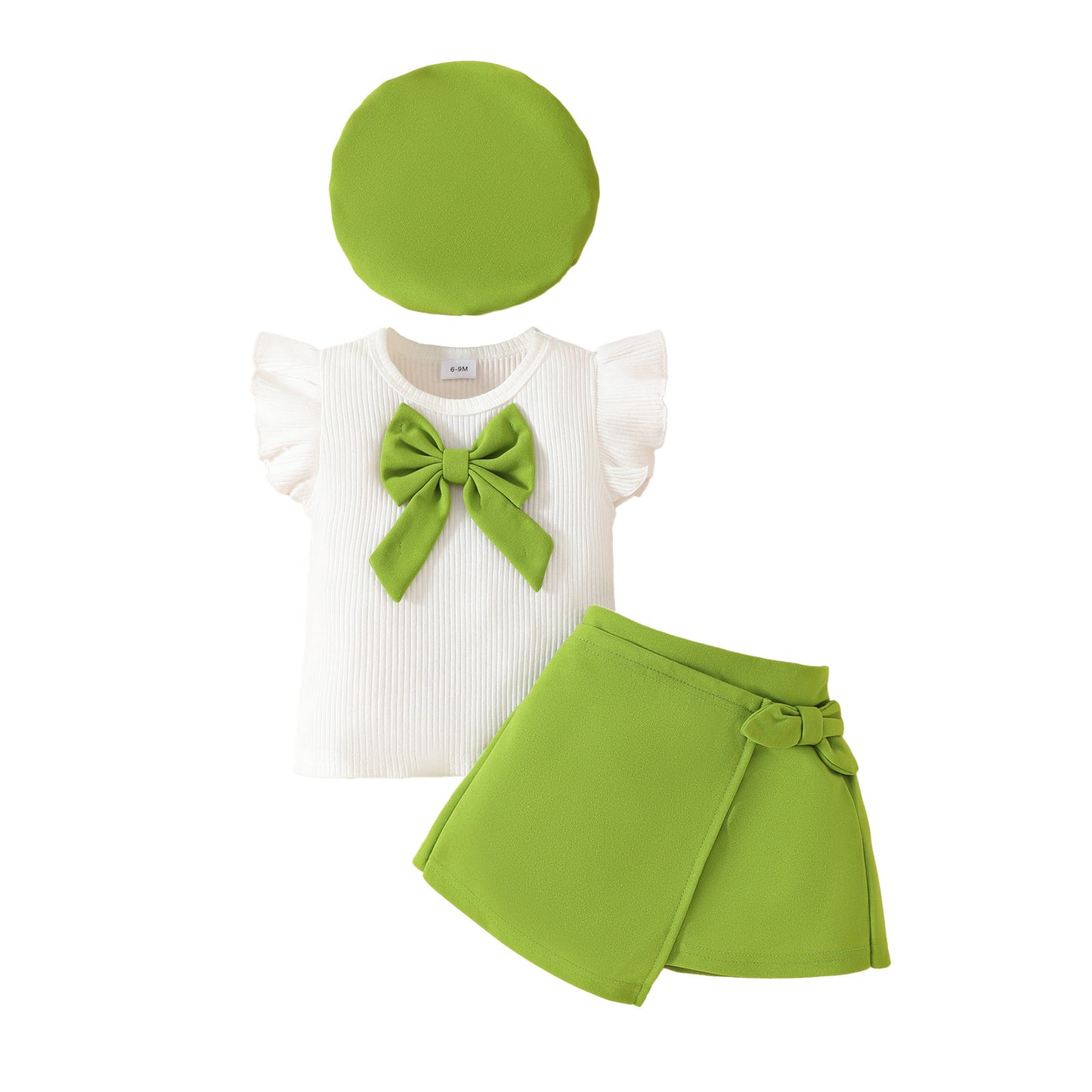 Toddler Girl Sleeveless Ruffled Big Bow White Ribbed Top Decorated Lace-up Skirt Set