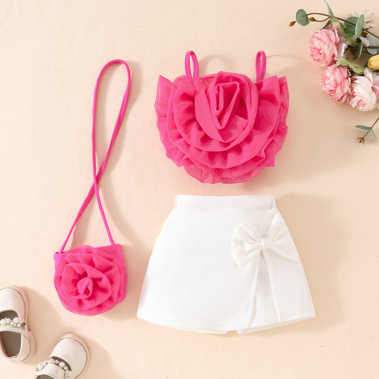 Baby Girls Mesh Flower Short Suspender Top + Fake Split Shorts Skirt + Small Bag Summer Set