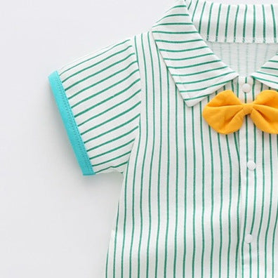 Bow tie gentleman lapel smiley face striped romper short sleeve jumpsuit