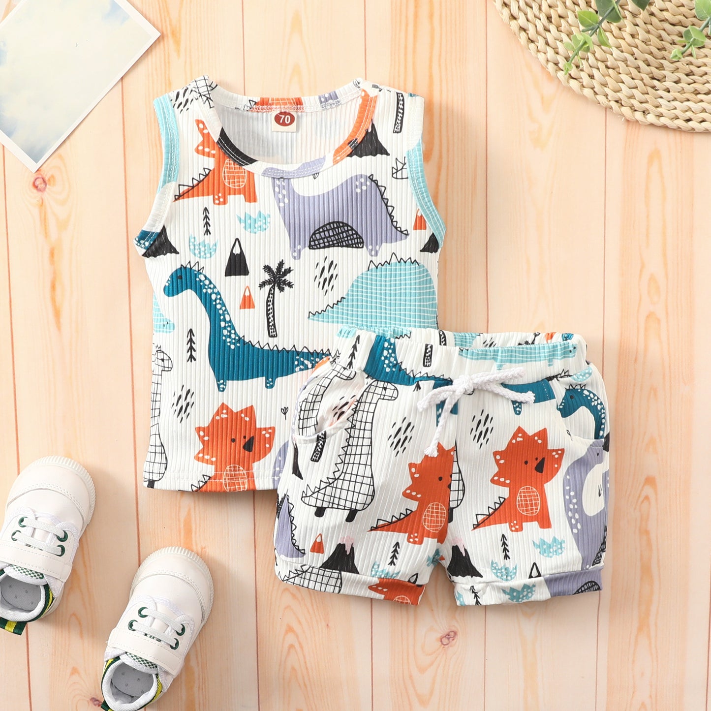 Baby vest shorts suit boy girl dinosaur striped sleeveless top shorts two-piece suit