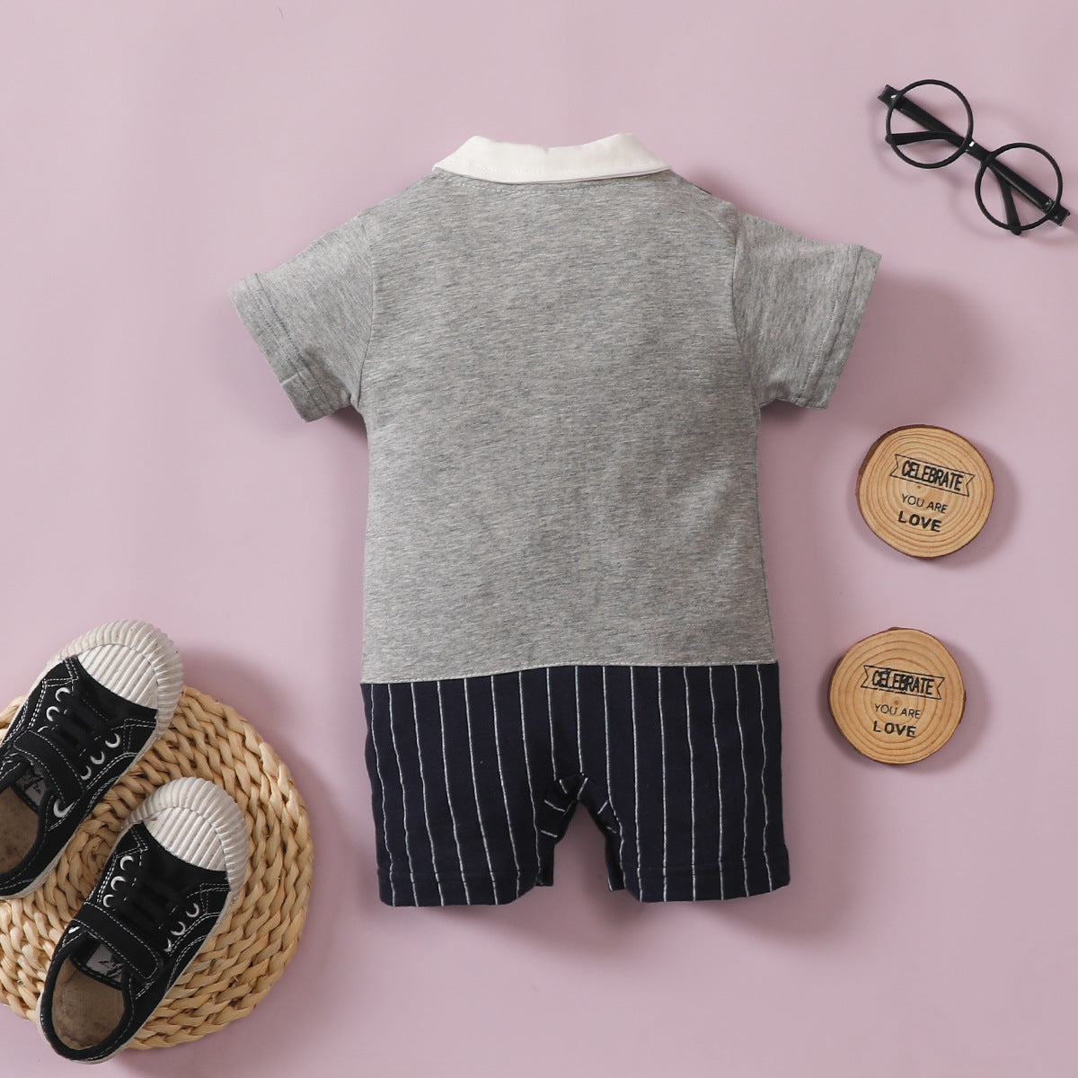 Infant Boys Bow Tie Lapel Splicing Romper Short Sleeve One-Piece Suit