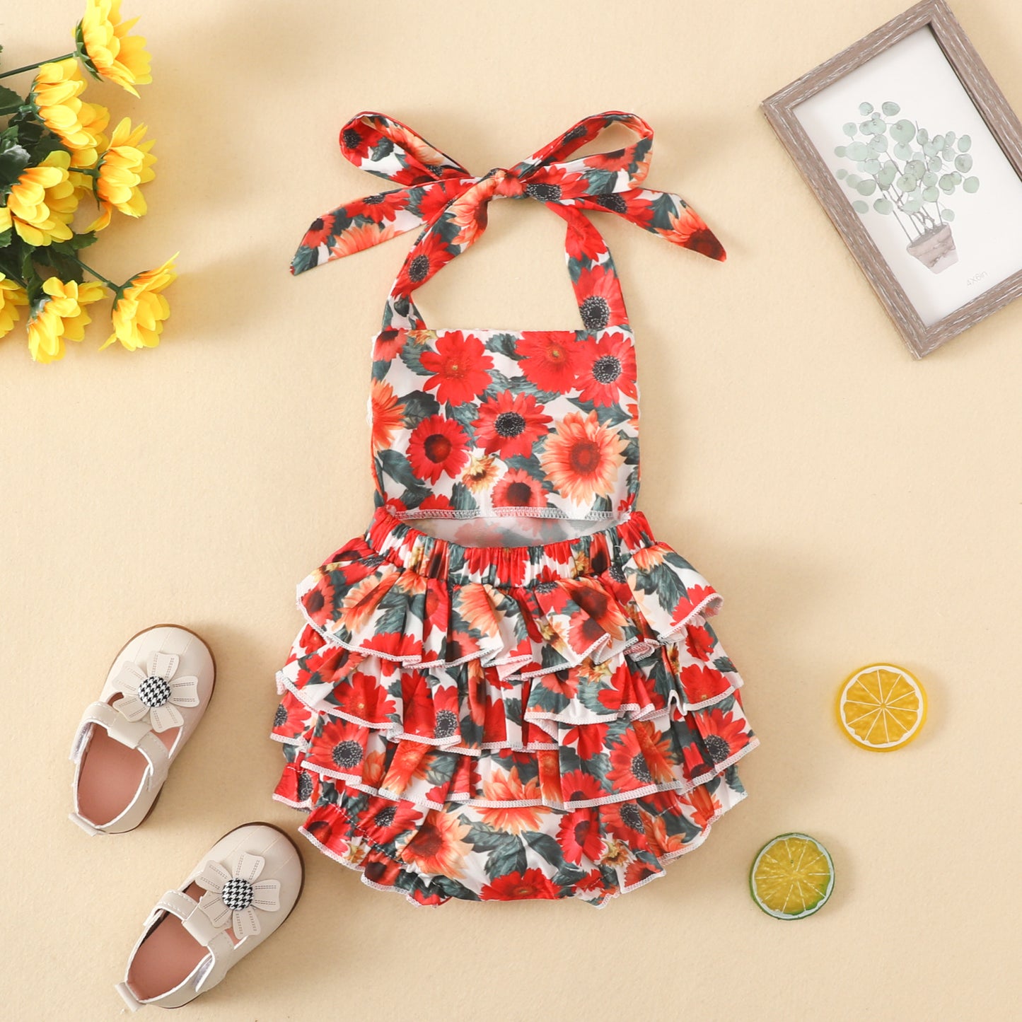 Infant and toddler sling triangle romper 0-1 year old baby big red flower lace fart clothes casual cute crawling clothes