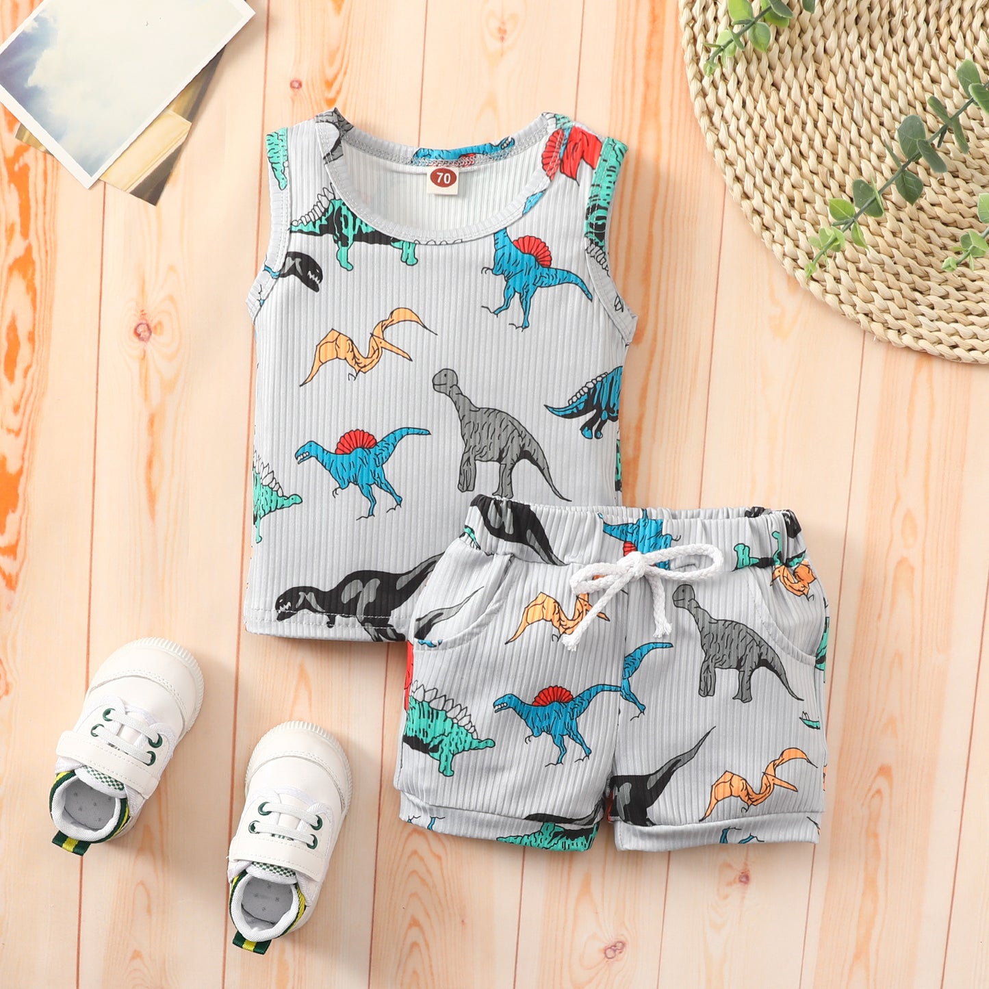 Baby vest shorts suit boy girl dinosaur striped sleeveless top shorts two-piece suit
