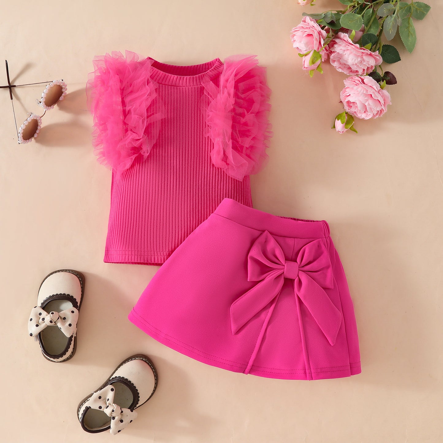 Girls baby sweet summer mesh striped sleeveless top solid color bow skirt suit