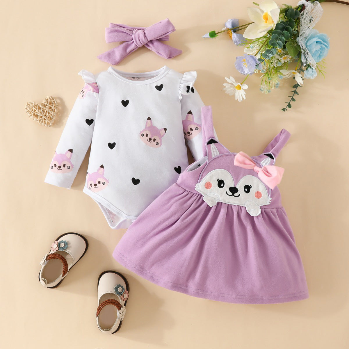 Autumn and winter infant and toddler cartoon fox heart print long-sleeved romper bow tie suspender dress set