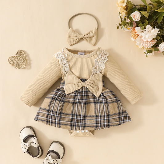 Baby long-sleeved lace plaid triangle jumpsuit autumn and winter girl's ribbed bowknot jumpsuit