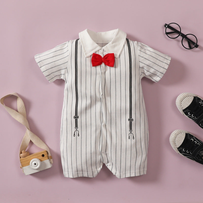 Infant and Toddler Gentleman Bow Tie Boy Bow Tie Lapel Splicing Romper Short Sleeve One-Piece Suit