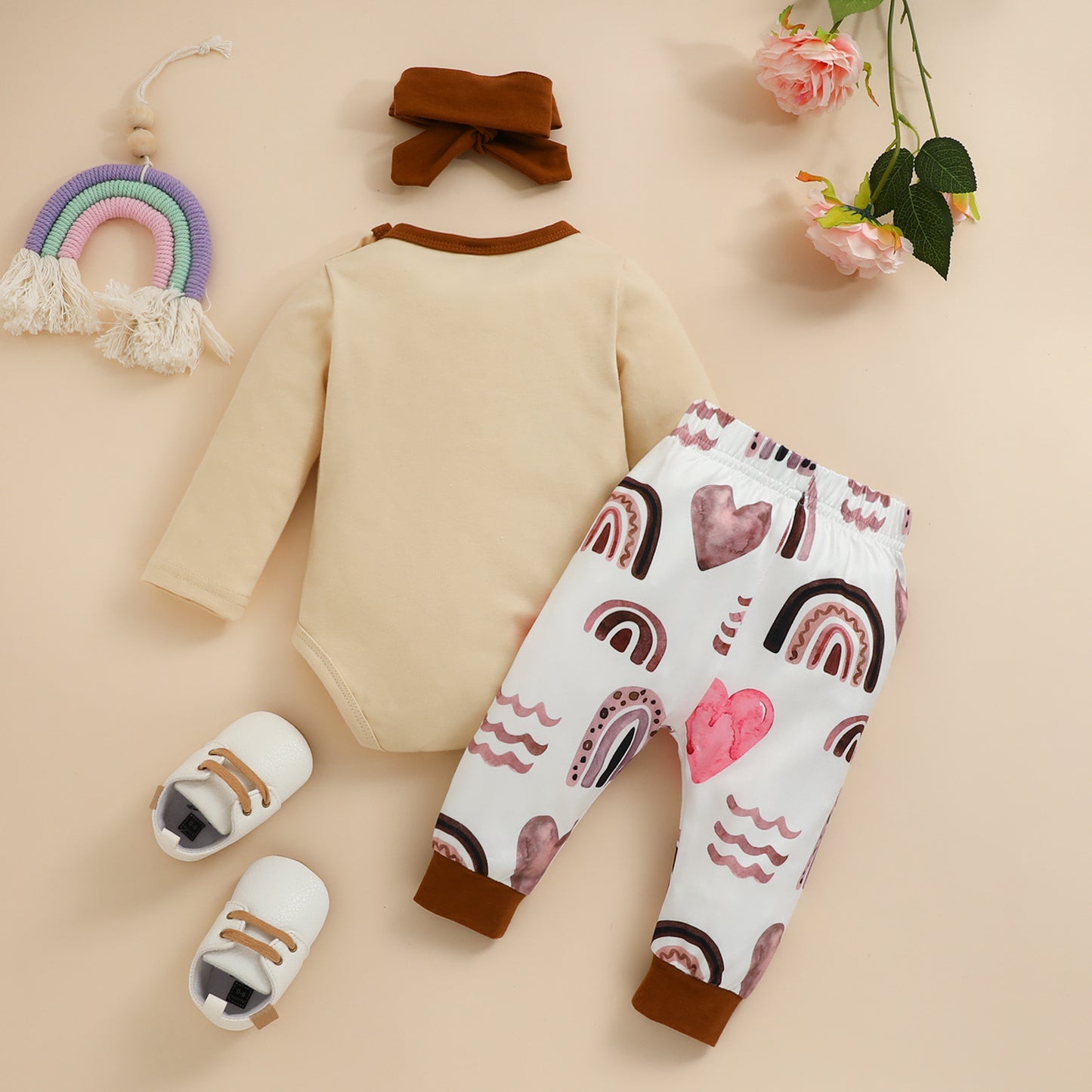 Infant Spring and Autumn Long Sleeve Romper Trousers Headband Set Baby Rainbow Leopard Print