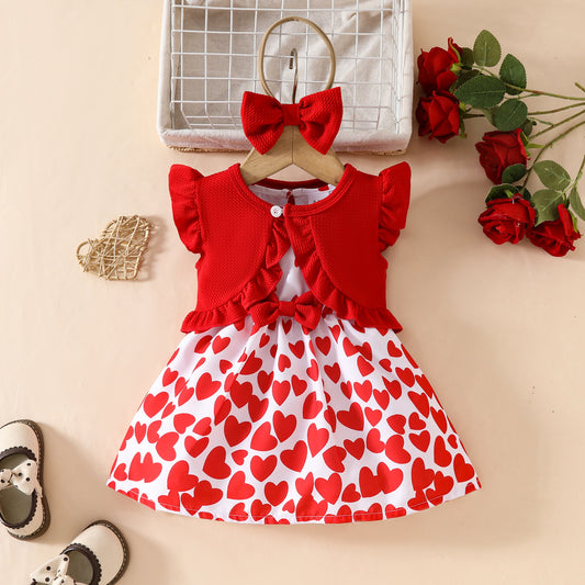 Baby Girl Sleeveless Ruffle Short Jacket Sleeveless Heart Dress Hairband Summer One-piece Dress Set