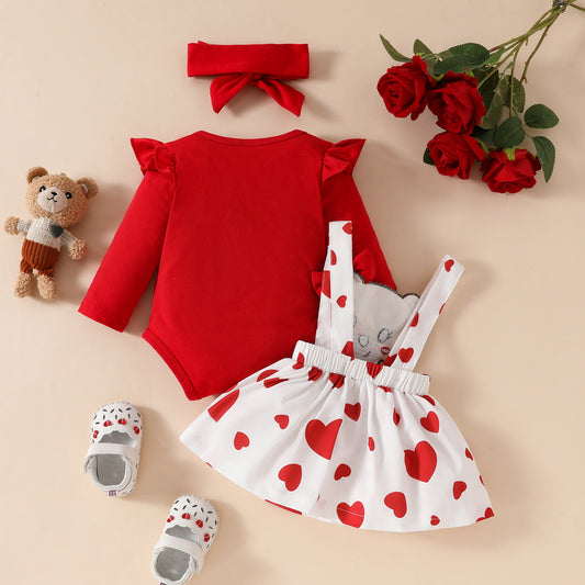 Baby Girls One-piece Dress Set Long Sleeve Red Triangle Romper Bear Doll Overall Dress Hairband