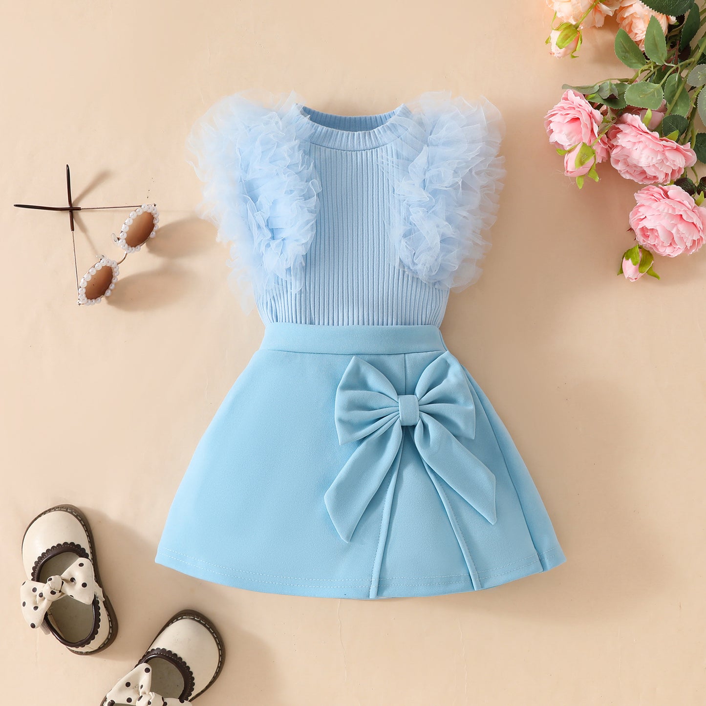Girls baby sweet summer mesh striped sleeveless top solid color bow skirt suit