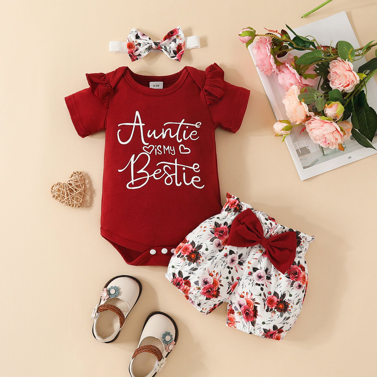 Baby Girl Letter Summer Top Belt Flower Cute Pants Baby Short Sleeve Triangle Romper Shorts Set