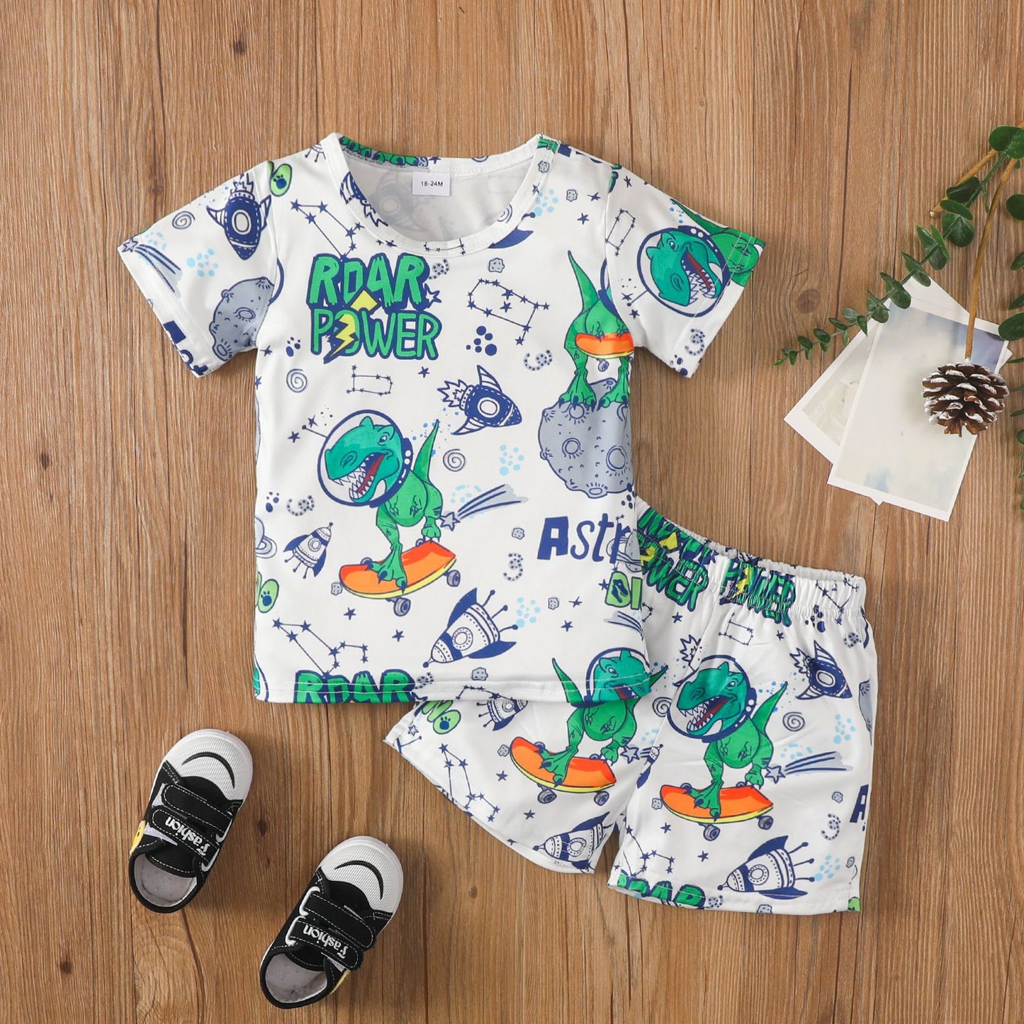 Toddler boy's dinosaur cartoon print letter short-sleeved pullover shorts suit