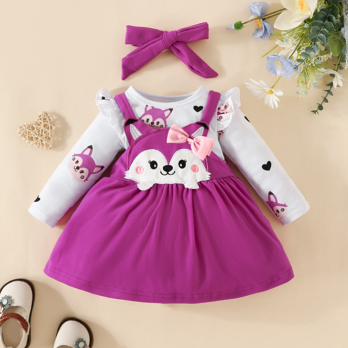 Autumn and winter infant and toddler cartoon fox heart print long-sleeved romper bow tie suspender dress set