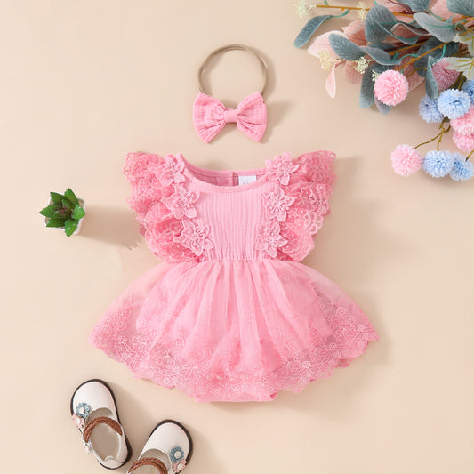 Baby Girl Sweet Sleeveless Lace Triangle Romper Mesh Skirt Newborn Lace Flower Cover-up Dress