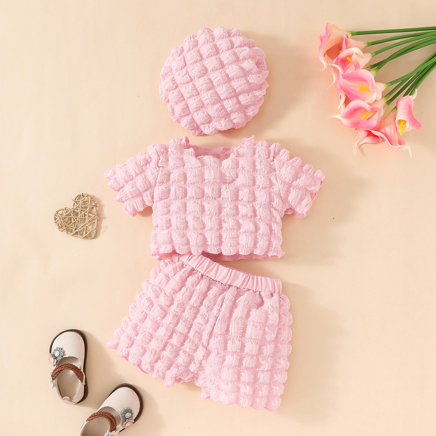 Fashion baby girl bubble fabric summer short-sleeved top + shorts + beret set sweet short clothing
