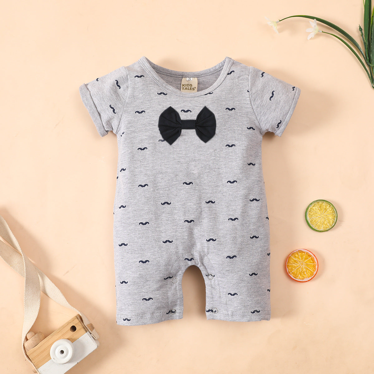 Summer baby bow tie short-sleeved romper original round neck cotton beard print short romper