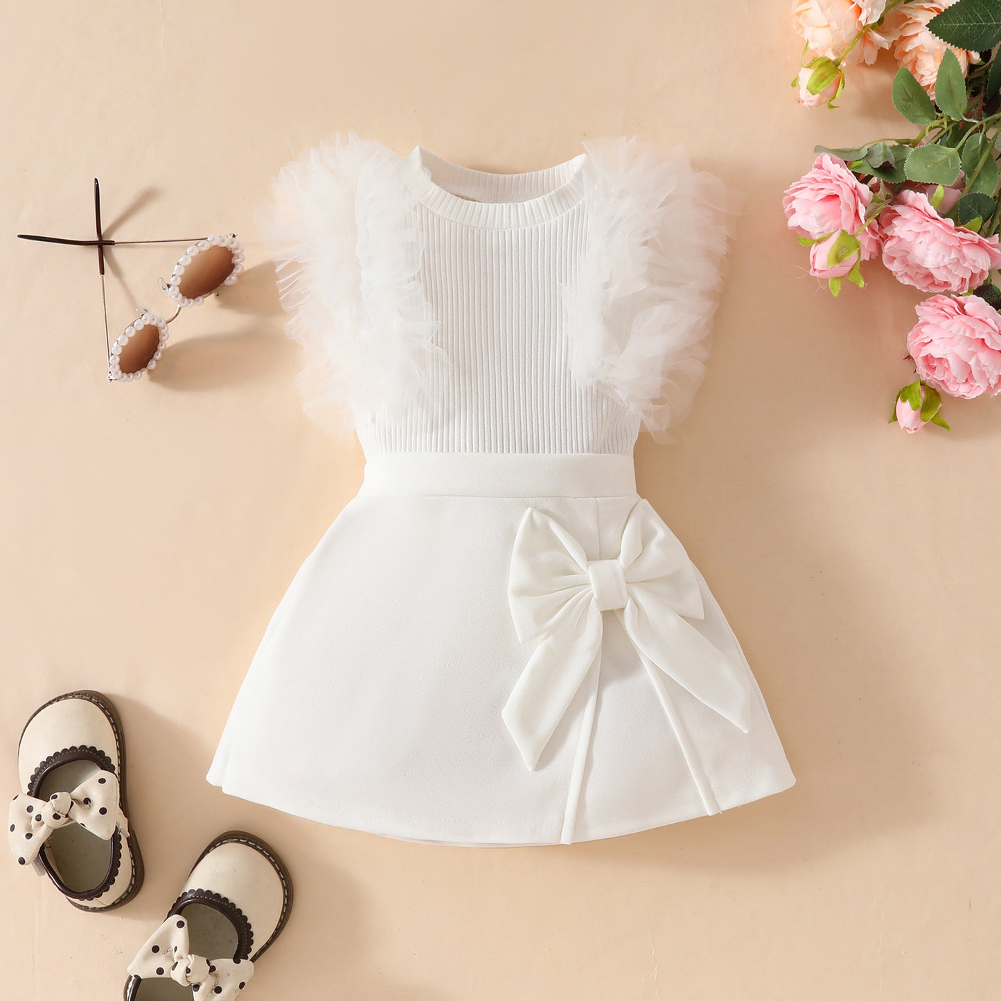 Girls baby sweet summer mesh striped sleeveless top solid color bow skirt suit