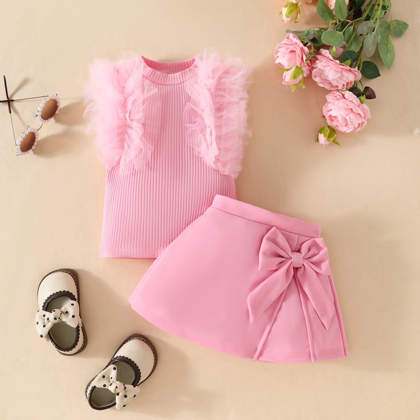 Girls baby sweet summer mesh striped sleeveless top solid color bow skirt suit