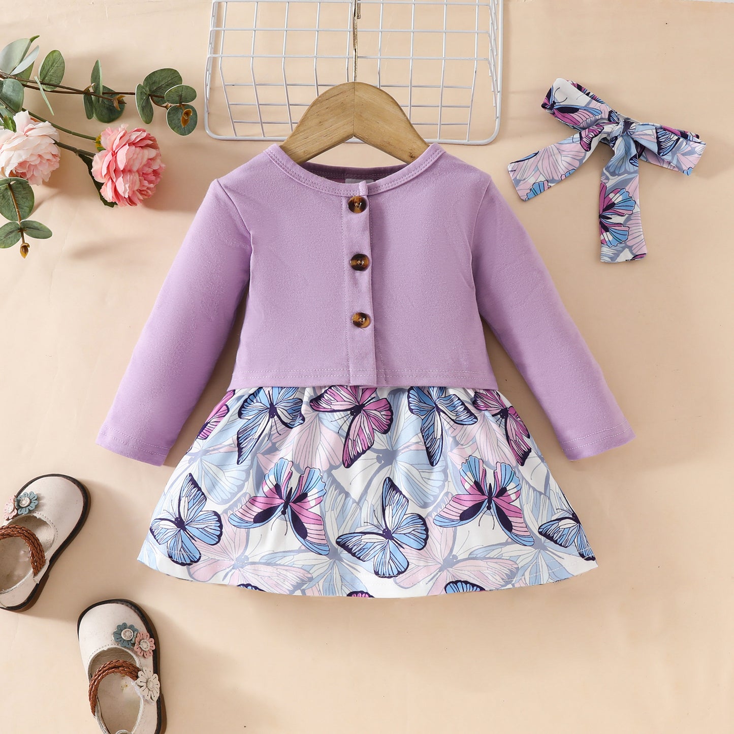 Toddler Girl Long Sleeve Jacket Sleeveless Dress Set 0-3 Years Old Floral Butterfly Sleeveless Dress + Jacket Two-piece Set