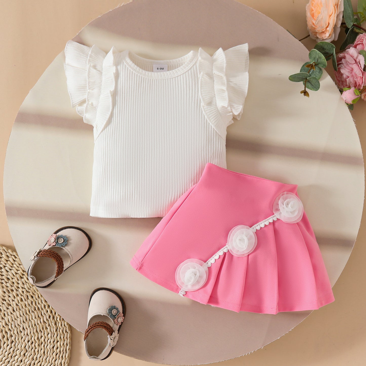 Girls Sweetheart Lace Flower Sweet Sleeveless Ribbed Top Simple A-Line Pleated Skirt Set
